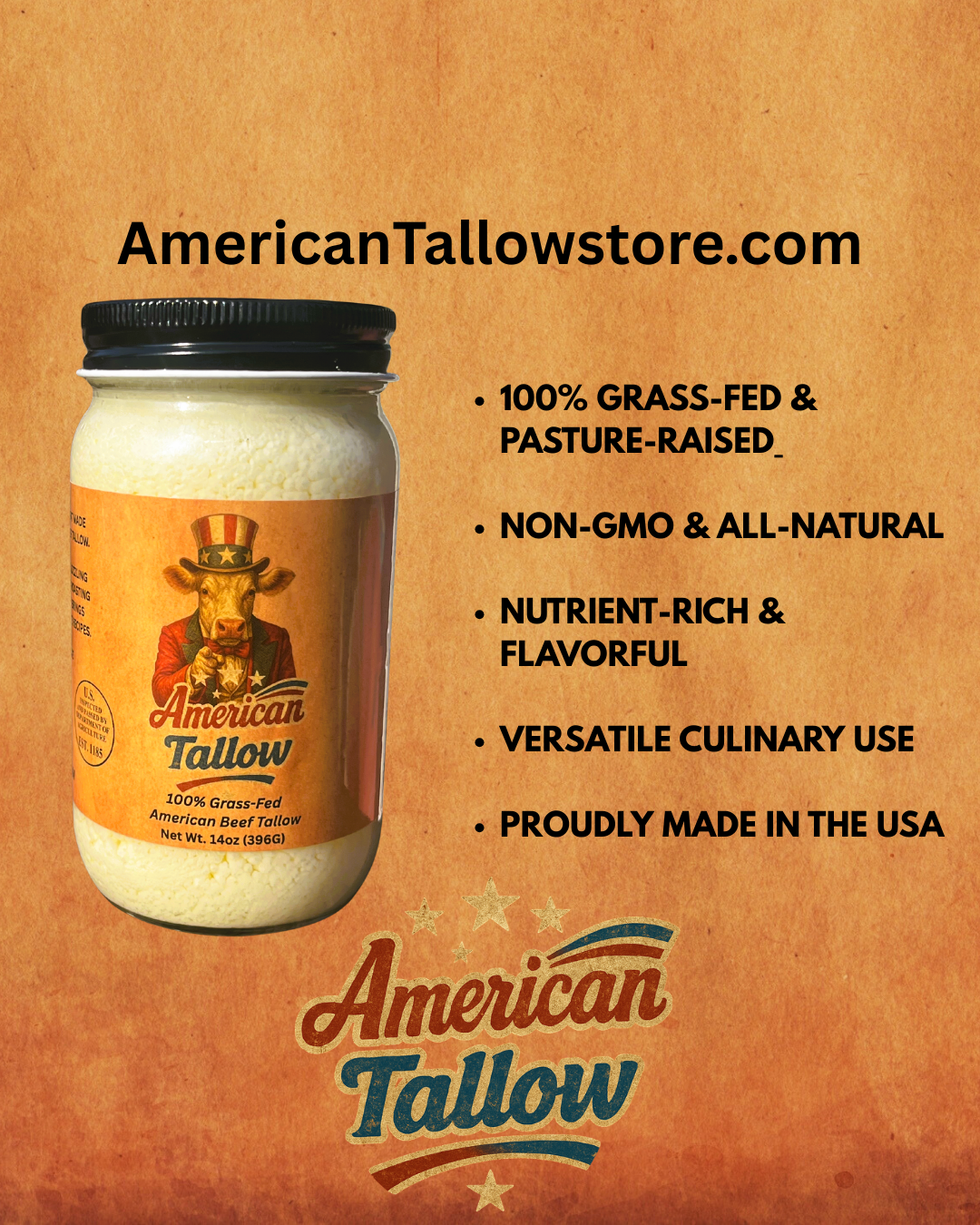American Tallow, 100% Grass-Fed, Pasture-Raised, Non-GMO American Beef Tallow 14 oz Glass Jar