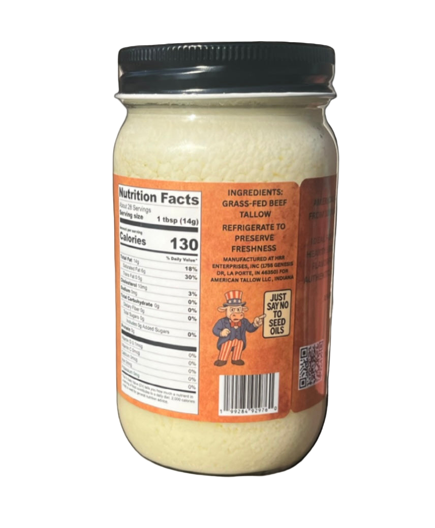 American Tallow, 100% Grass-Fed, Pasture-Raised, Non-GMO American Beef Tallow 14 oz Glass Jar
