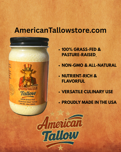 American Tallow, 100% Grass-Fed, Pasture-Raised, Non-GMO American Beef Tallow 14 oz Glass Jar