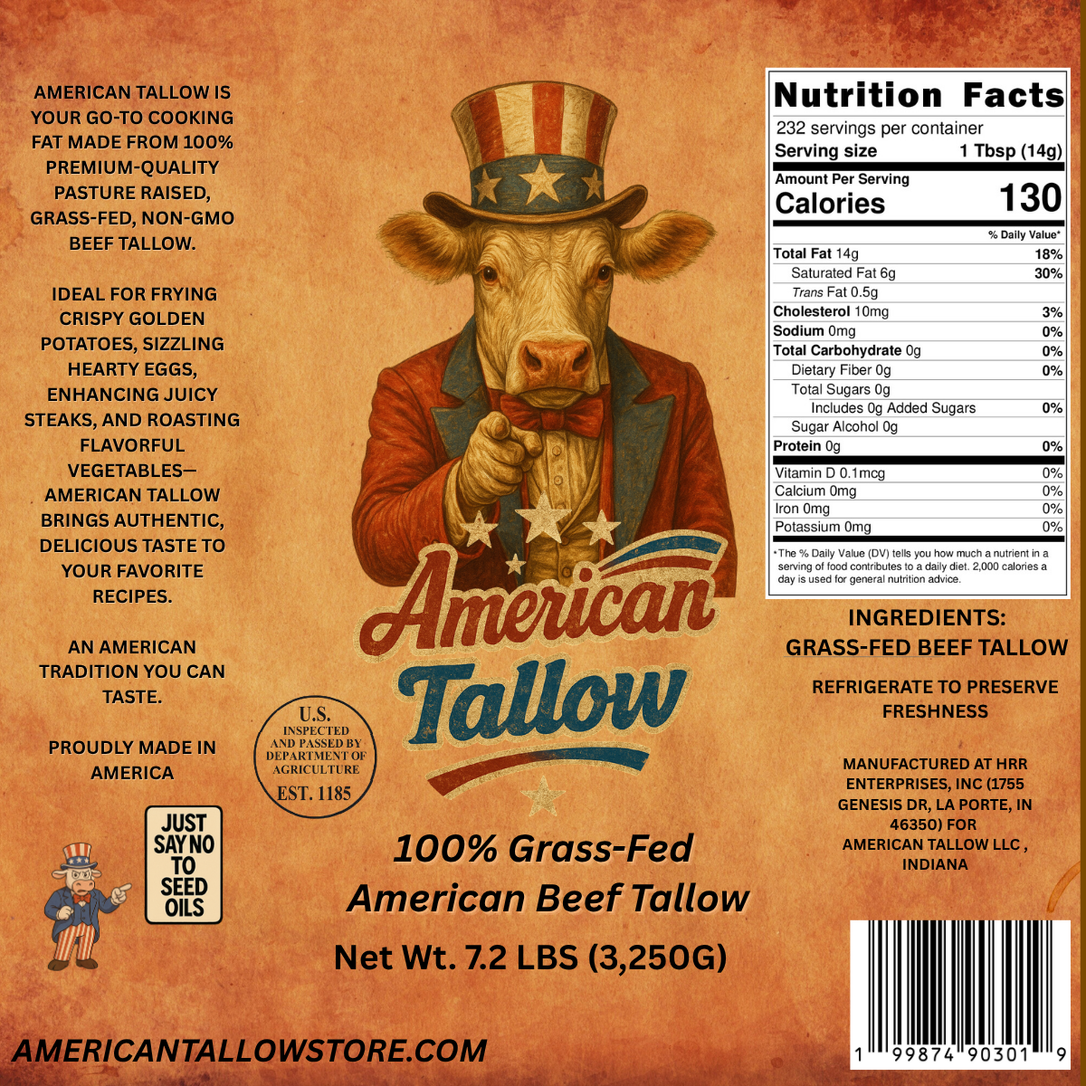 American Tallow 1 Gallon (7.2 lbs) 100% Grass-Fed Beef Tallow – Bulk, Pasture-Raised, Non-GMO, All-Natural Cooking Fat